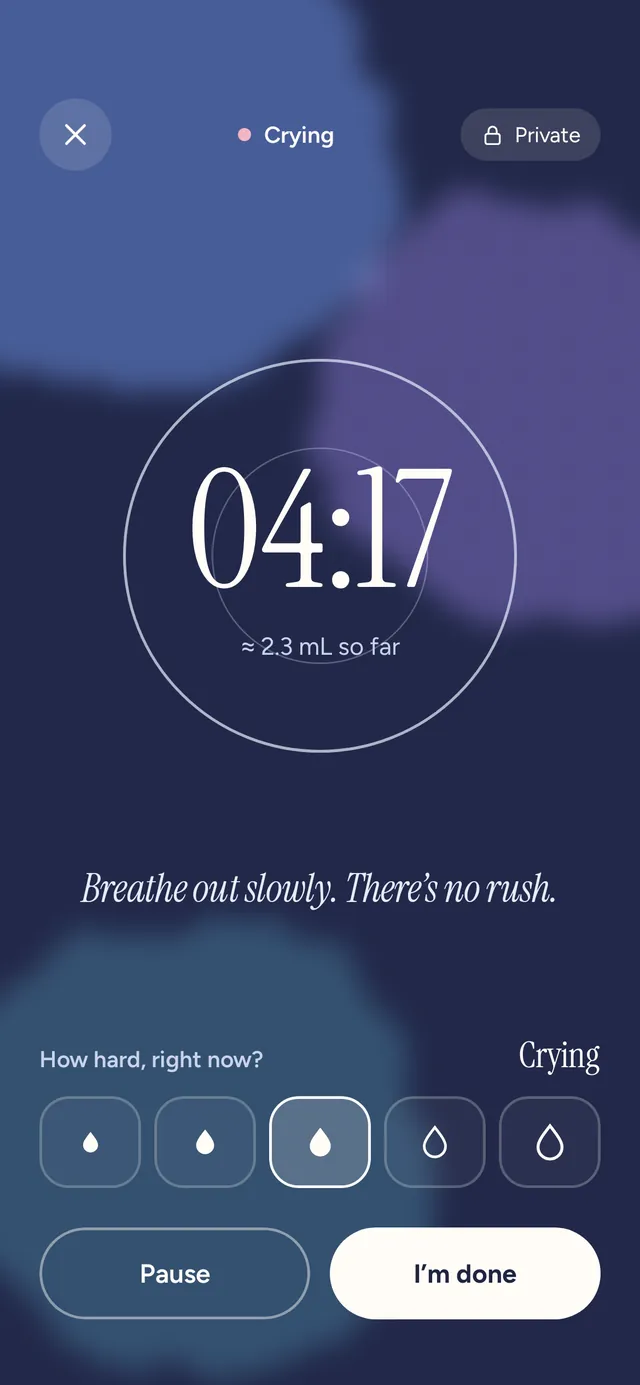 Crying timer reading 04:17 with a breathing circle